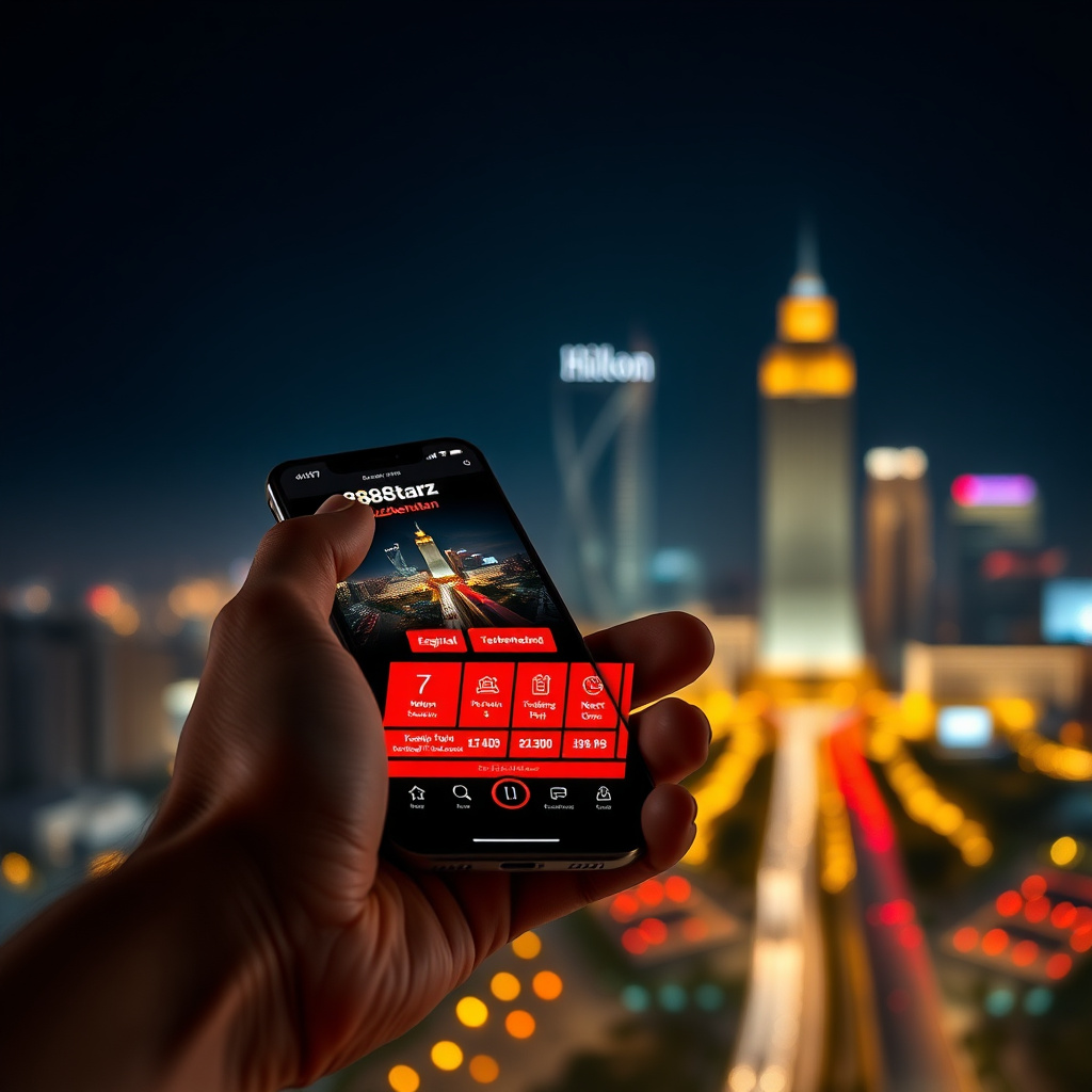 A hand holding a luxury smartphone displaying the official 888starz Uzbekistan app with a sleek red and black interface, background is the Tashkent City skyline with the Hilton and Nest One towers at night, vibrant golden and red bokeh lights, 3D golden c